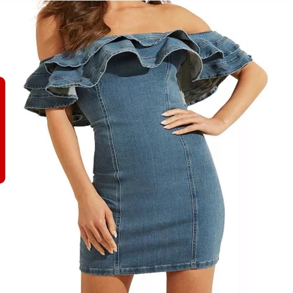 Guess Women's Blue Off the Shoulders Ruffle Mini Demin Dress Feminine Size XS